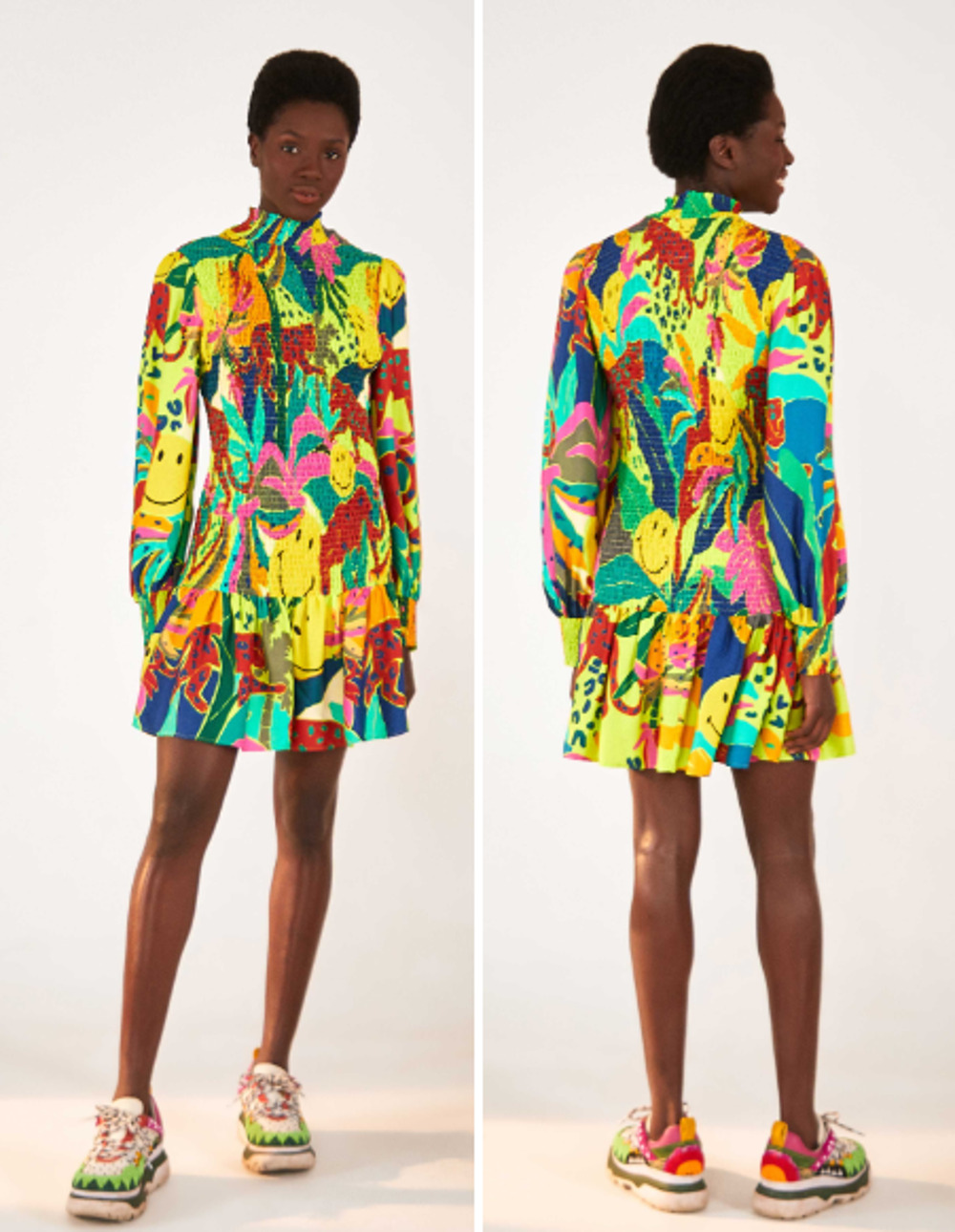 NWT Farm Rio x Smiley Leopards Jungle Smocked Mini Dress Mutli Women's Medium
